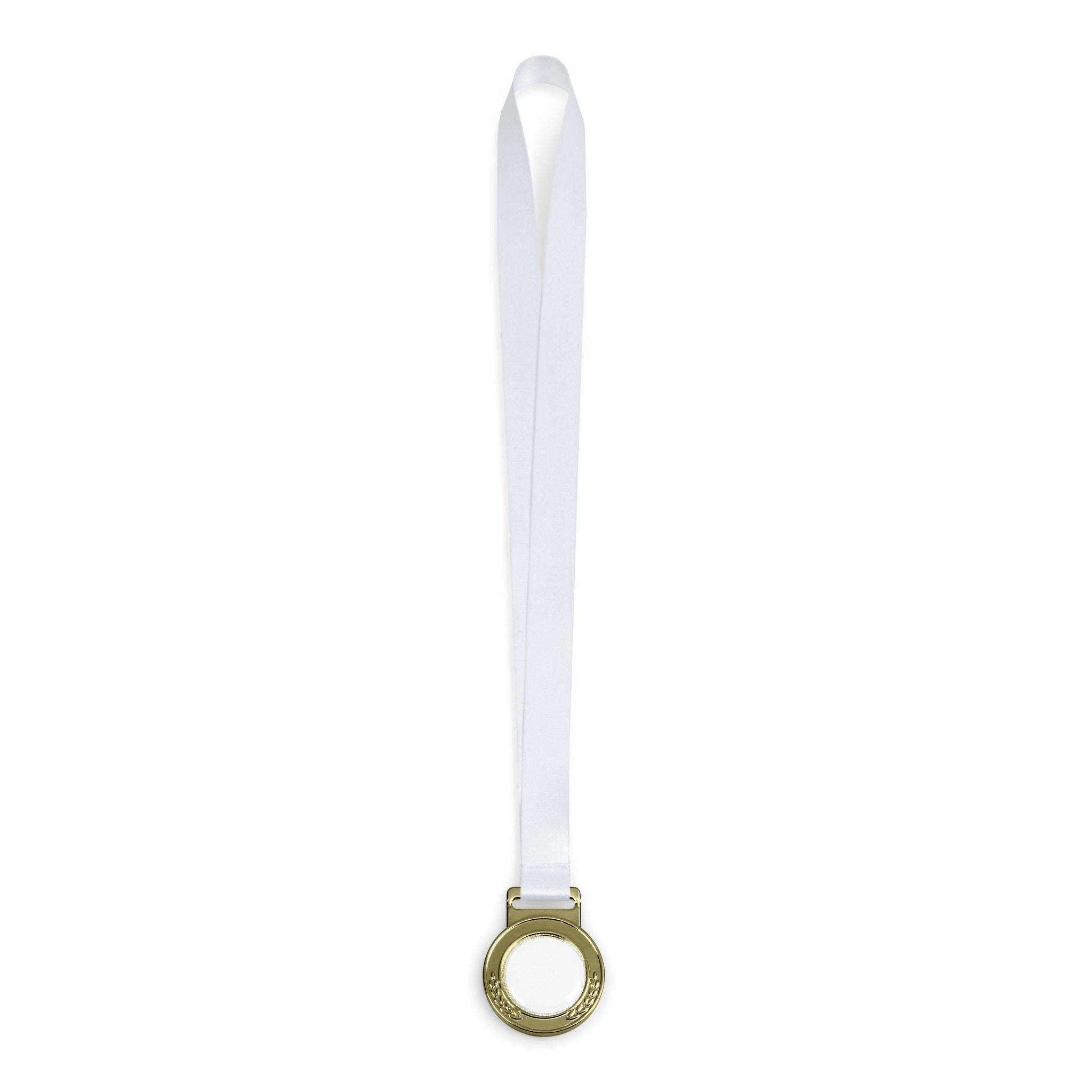 A plain bronze medal attached to a white satin lanyard.