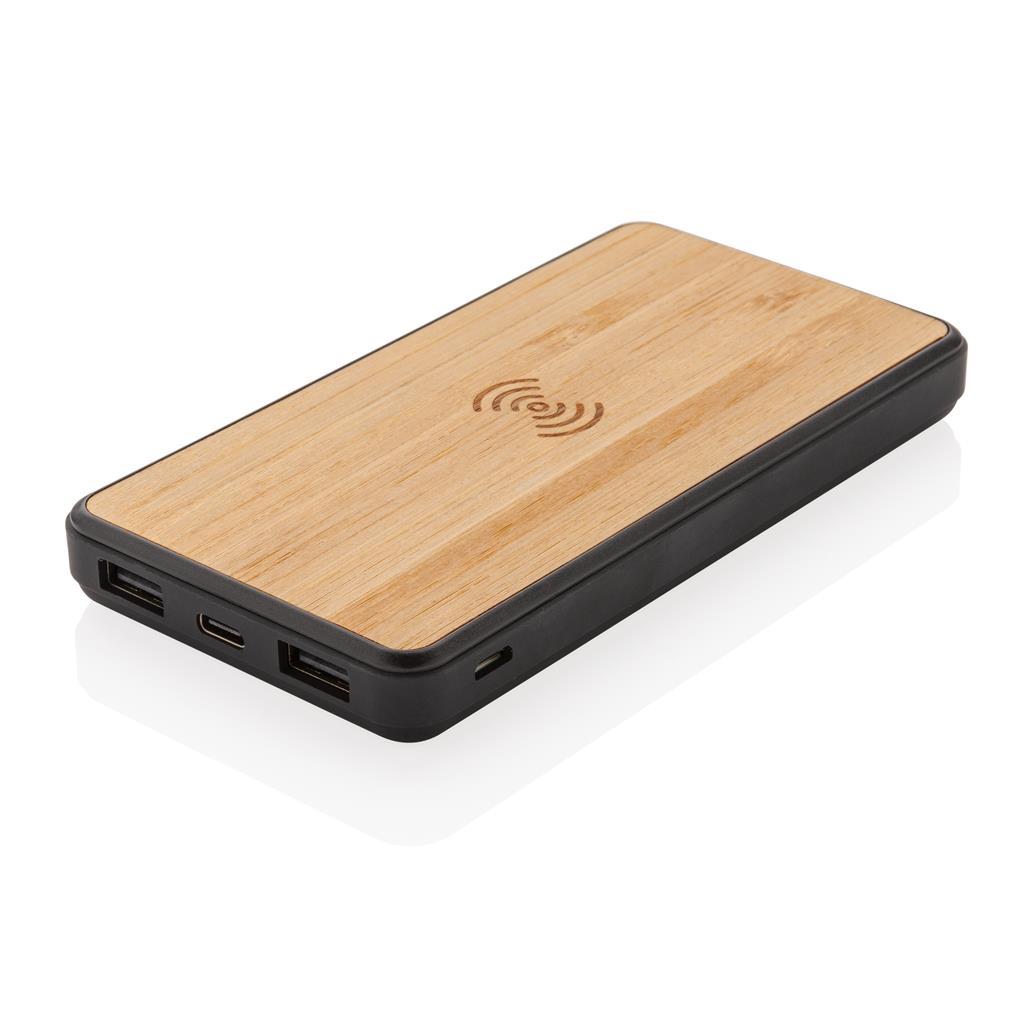 Bamboo Anti-microbial Wireless Powerbank showing ports