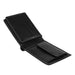 Open empty black wallet showing cash section and card holders