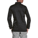 Model showing Back view of a black ladies long sleeved chef jacket from Custom Brands