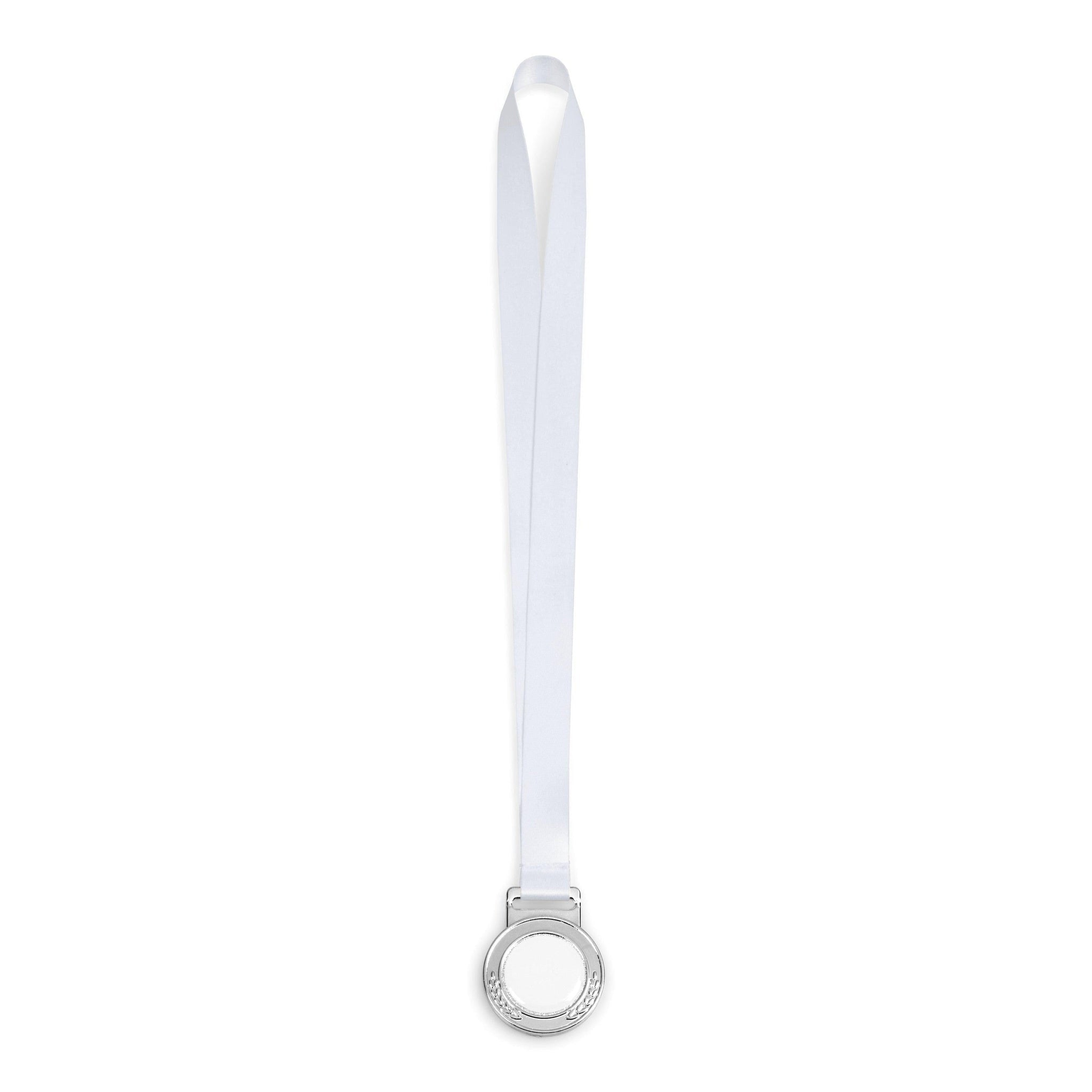 A plain silver medal attached to a white satin lanyard.