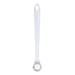 A plain silver medal attached to a white satin lanyard.