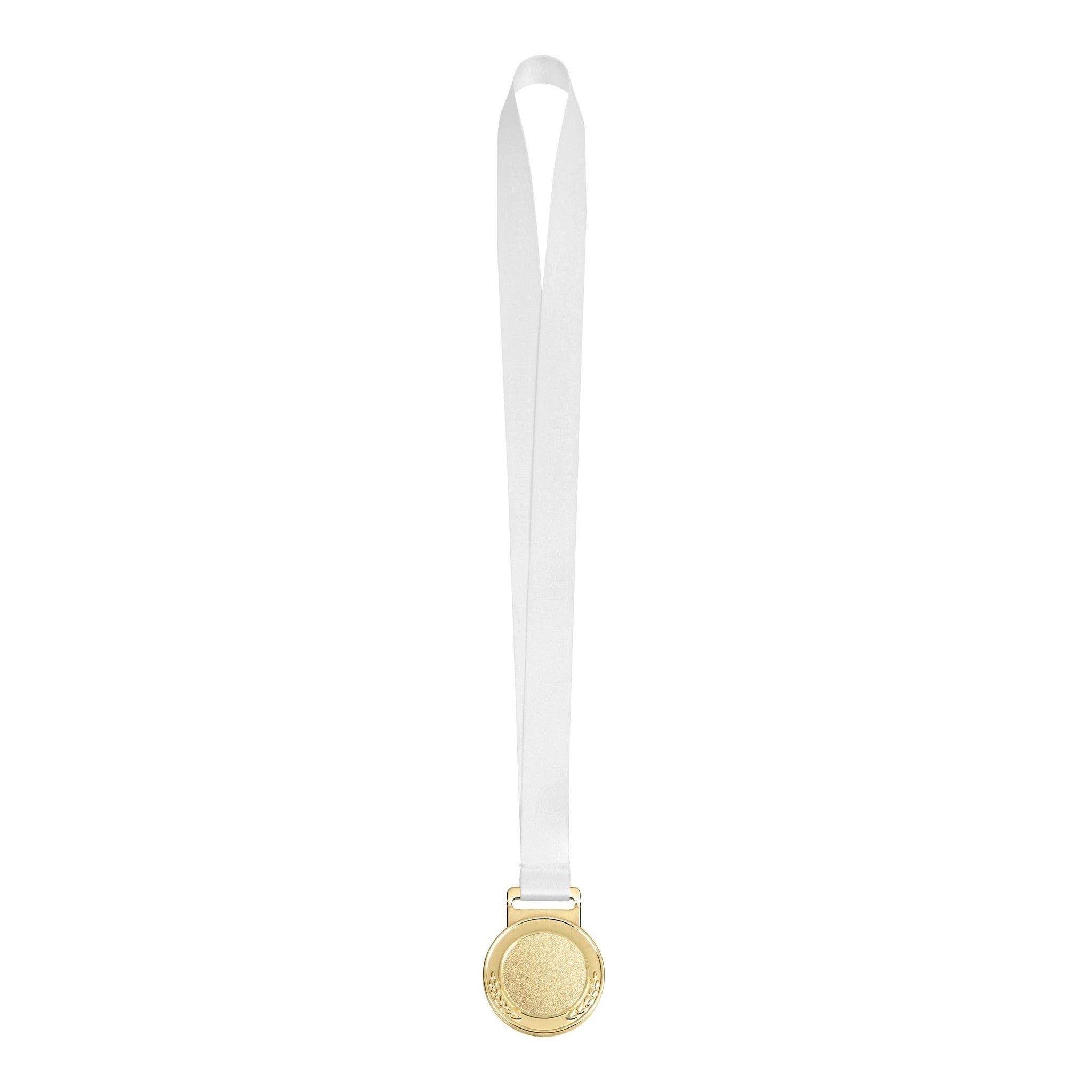 A plain gold medal attached to a white satin lanyard.