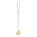 A plain gold medal attached to a white satin lanyard.