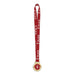 A fully branded gold medal award attached to a red customized satin lanyard with white text, First Place Written on it. The number 1 is printed on the medal.