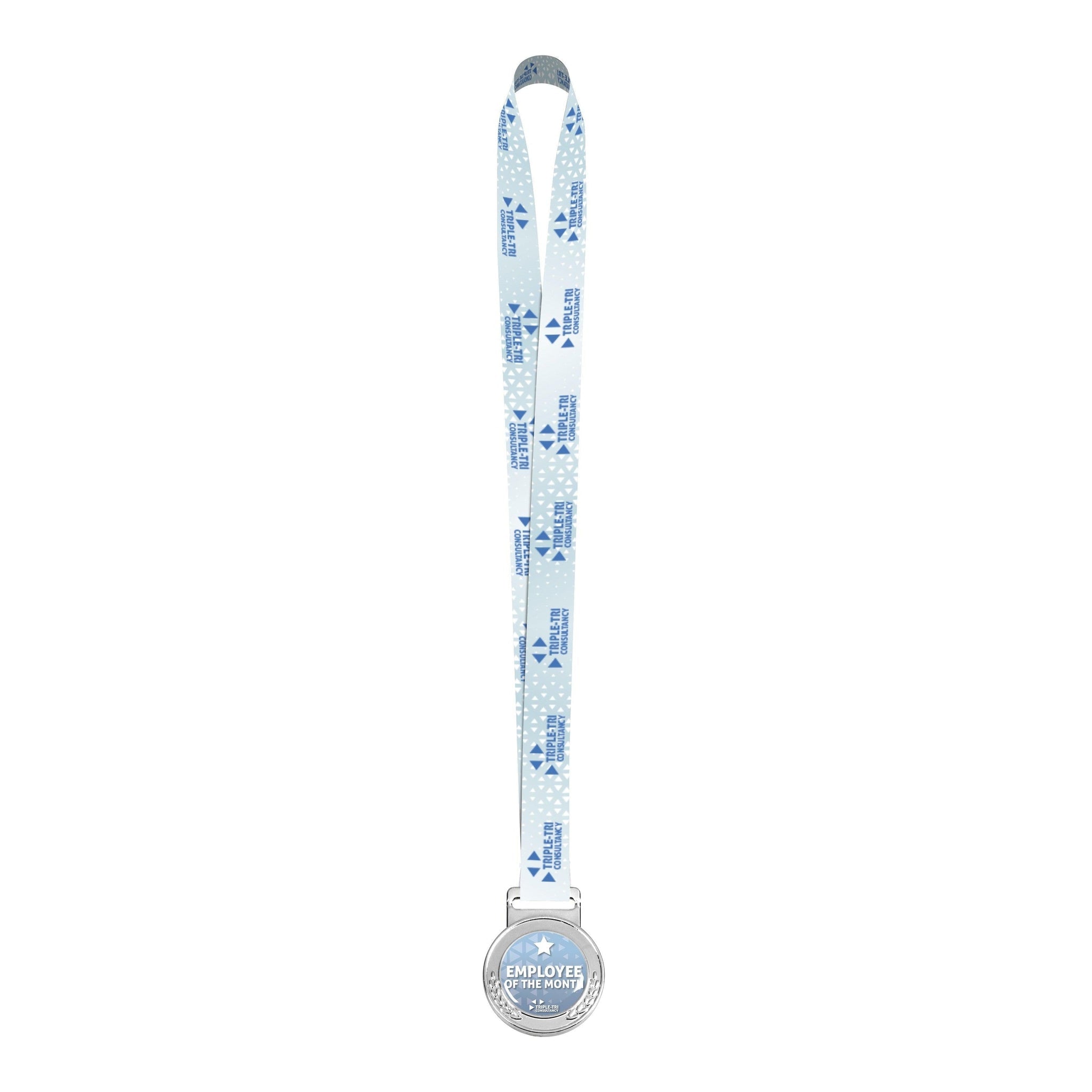 A fully customized silver employee-of-the-month medal attached to a white lanyard with blue text on it.