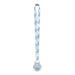 A fully customized silver employee-of-the-month medal attached to a white lanyard with blue text on it.