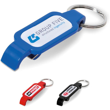 3 dome keyring bottle openers shown in blue, red and black from Custom Brands Promotions