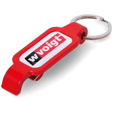 A red dome keyring bottle opener from Custom Brands Promotions