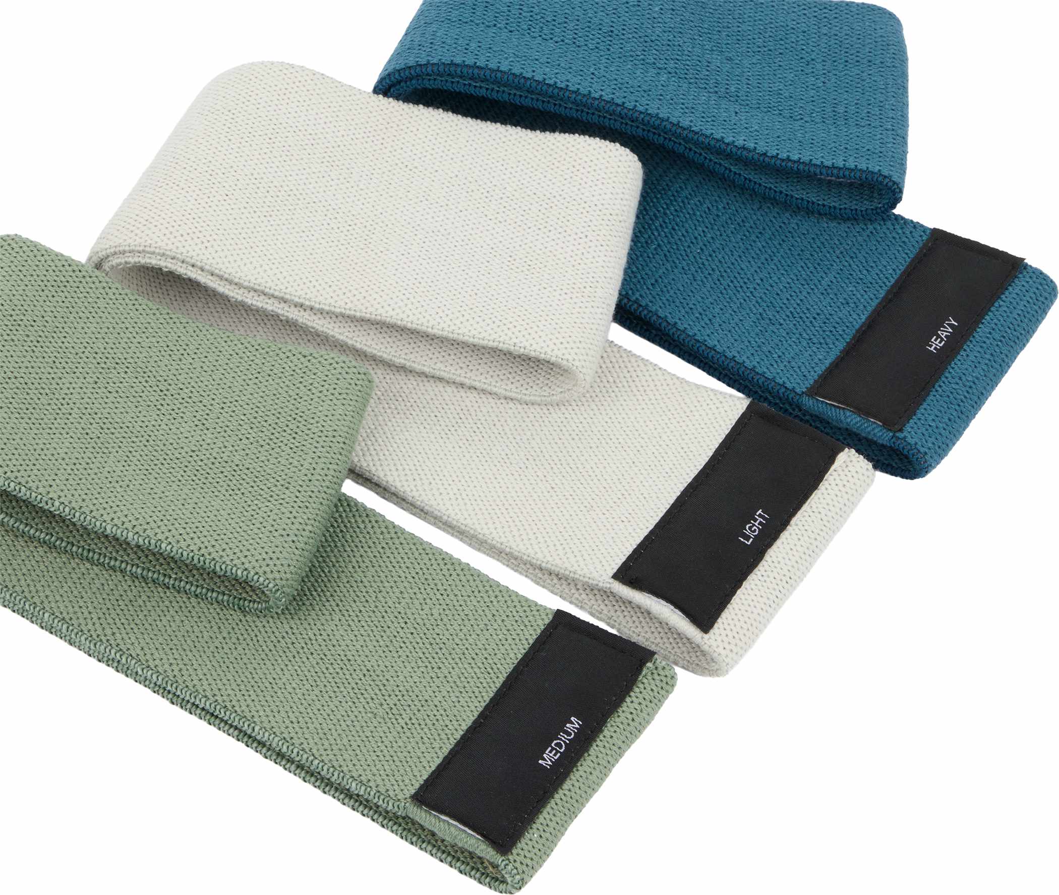 Set of three resistance straps in green, gray, and blue on a white background